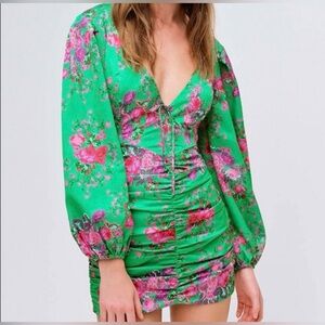 For Love and Lemons Wyatt Mini Puff Sleeve Floral Dress Medium Green NWT